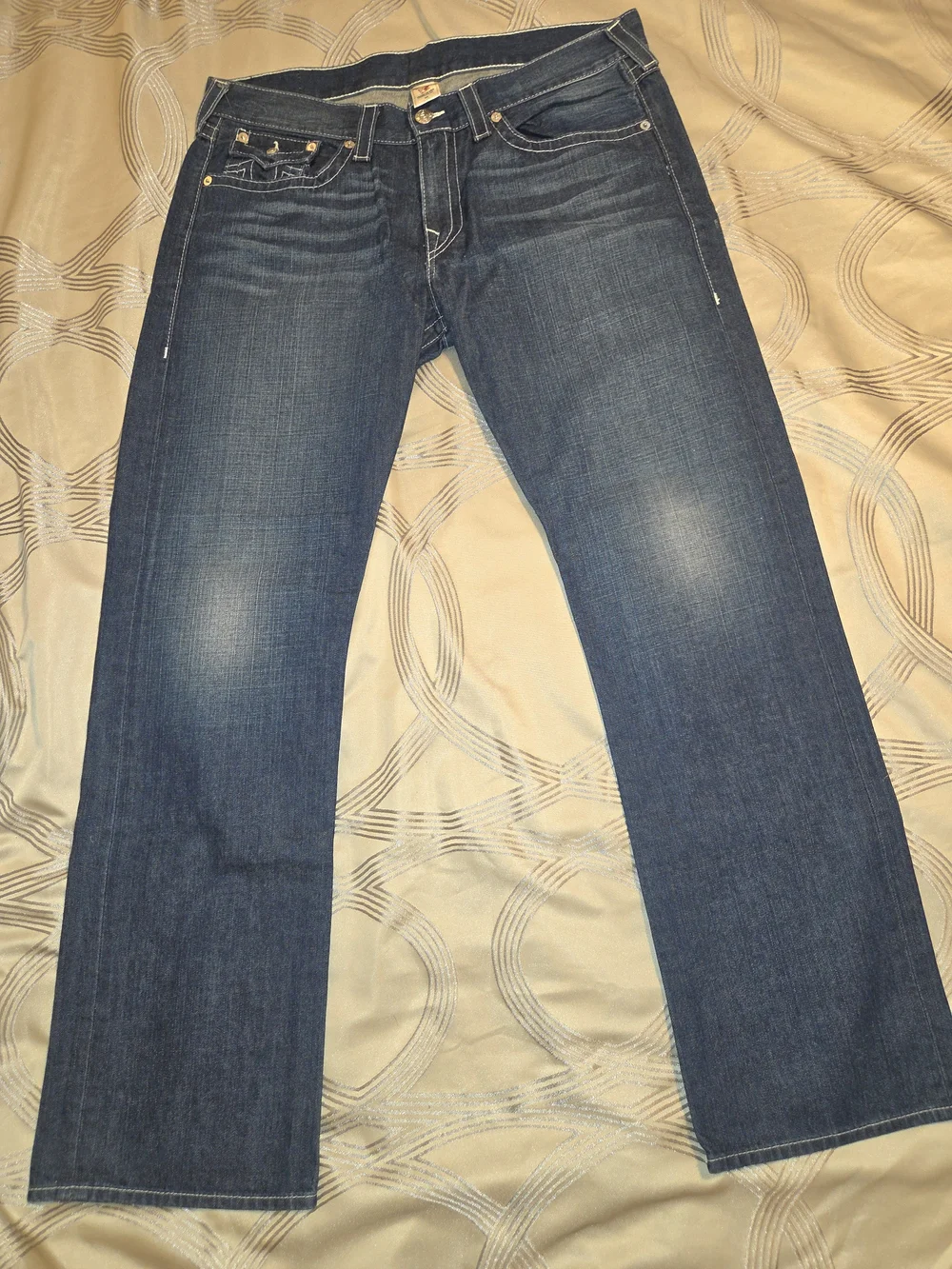 True Religion Men's Dark Blue Straight Leg Jeans w Embroidered Back Pocket Sz 38